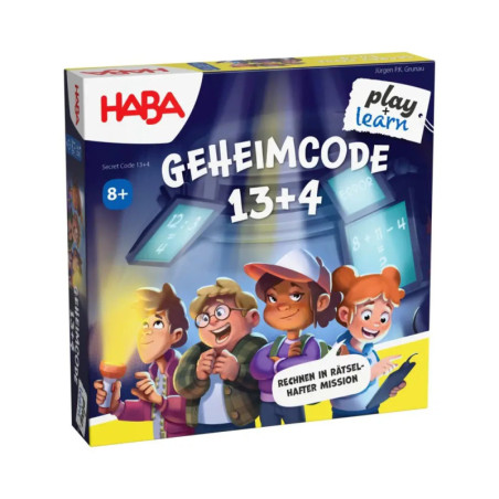 Spielbox von Geheimcode 13+4 (HABA) mit vier gezeichneten Kindern und mathematischen Motiven.