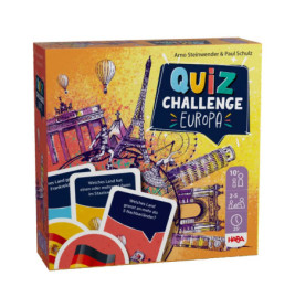 Quiz Challenge Europa Brettspiel von HABA mit europäischen Wahrzeichen und Quizkarten, ab 10 Jahren.