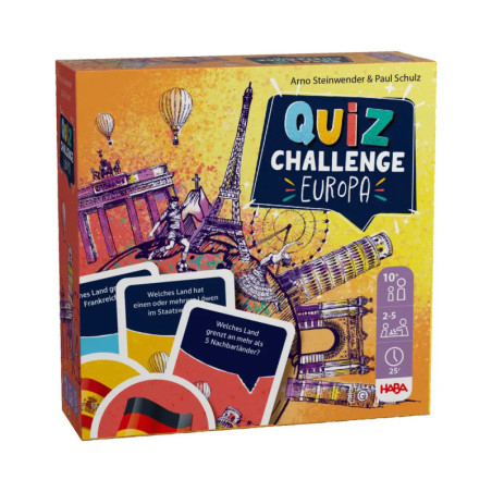 Quiz Challenge Europa Brettspiel von HABA mit europäischen Wahrzeichen und Quizkarten, ab 10 Jahren.
