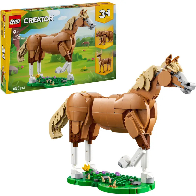 LEGO Creator 3-in-1 Pferdemodell mit Verpackung, alternativen Bauoptionen und naturbezogenem Hintergrund. LEGO Creator 3-in-1 Pferdemodell mit Verpackung, alternativen Bauoptionen und naturbezogenem Hintergrund.
