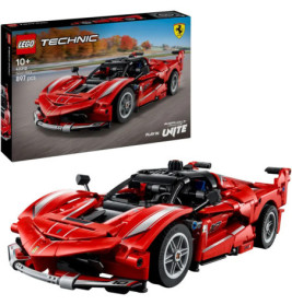 Rotes LEGO Technic Ferrari Rennwagenmodell mit Verpackung im Hintergrund, ab 10 Jahren, 897 Teile.