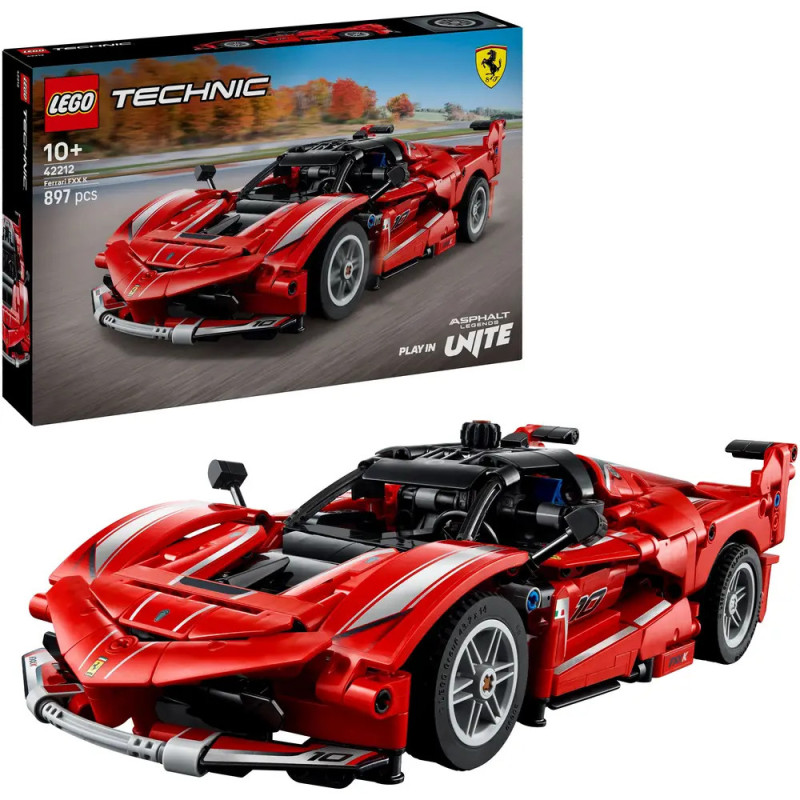 Rotes LEGO Technic Ferrari Rennwagenmodell mit Verpackung im Hintergrund, ab 10 Jahren, 897 Teile.