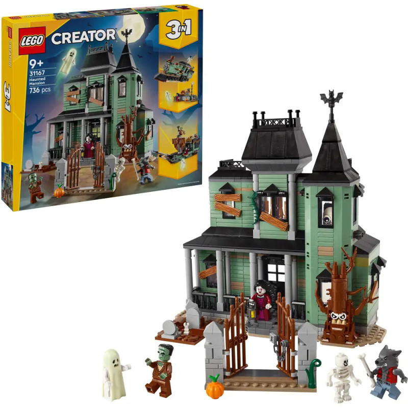 LEGO Creator Spukhaus-Set mit Figuren, Verpackung und detailreichem Geisterhaus aufgestellt.