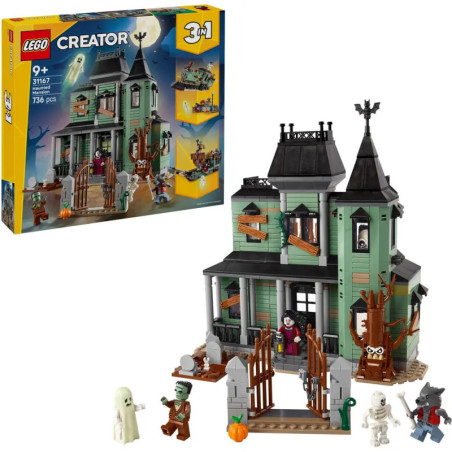 LEGO Creator Spukhaus-Set mit Figuren, Verpackung und detailreichem Geisterhaus aufgestellt.
