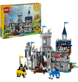 LEGO Creator Mittelalterburg mit Rittern, Pferden und Türmen, Verpackung im Hintergrund.
