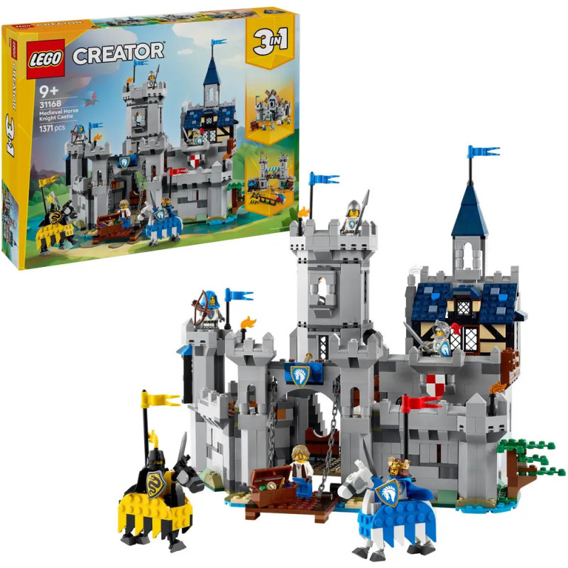 LEGO Creator Mittelalterburg mit Rittern, Pferden und Türmen, Verpackung im Hintergrund. LEGO Creator Mittelalterburg mit Rittern, Pferden und Türmen, Verpackung im Hintergrund.
