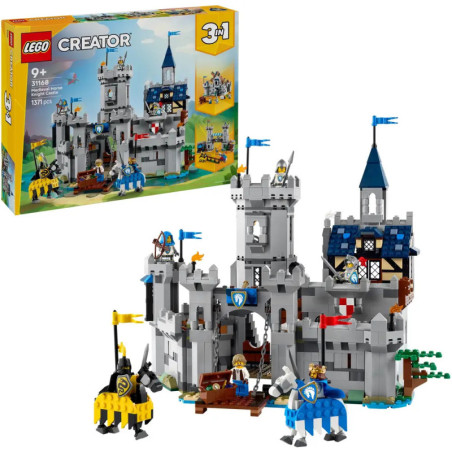 LEGO Creator Mittelalterburg mit Rittern, Pferden und Türmen, Verpackung im Hintergrund.