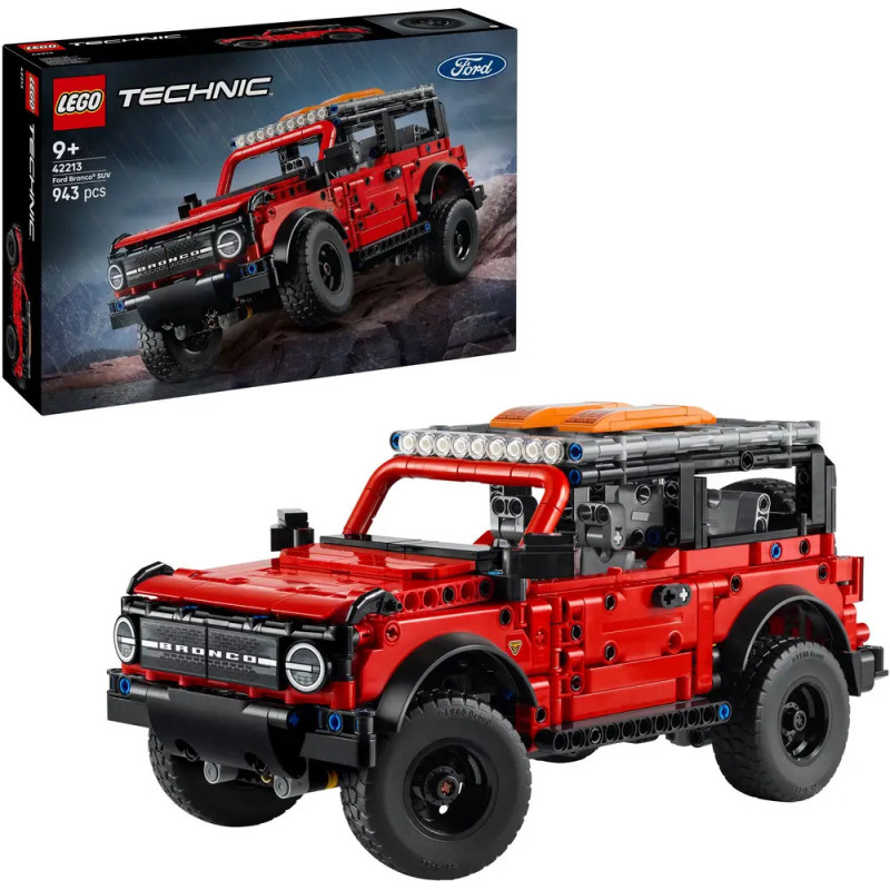 Rotes LEGO Technic Ford Bronco Modell, im Hintergrund ist die Verpackung zu sehen. Rotes LEGO Technic Ford Bronco Modell, im Hintergrund ist die Verpackung zu sehen.