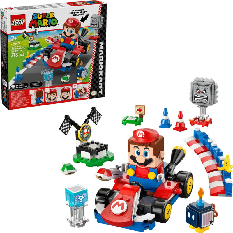 LEGO Super Mario Rennset mit Mario-Figur, Kart, Streckenteilen und Box mit Set-Details. LEGO Super Mario Rennset mit Mario-Figur, Kart, Streckenteilen und Box mit Set-Details.