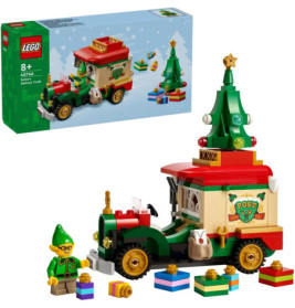 LEGO Weihnachts-Lieferwagen mit Geschenken, Elf-Minifigur und Schachtel mit dekoriertem Baum und Präsenten.