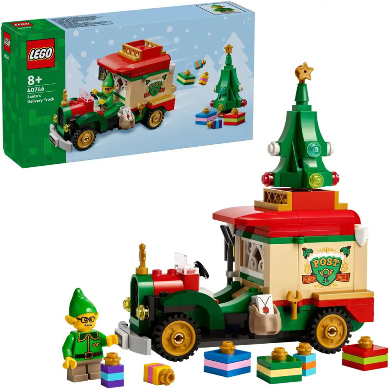 LEGO Weihnachts-Lieferwagen mit Geschenken, Elf-Minifigur und Schachtel mit dekoriertem Baum und Präsenten.
