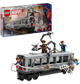 LEGO Marvel Set mit U-Bahn-Waggon, Spider-Man-Figuren und Spinnennetzen, Verpackung im Hintergrund sichtbar.