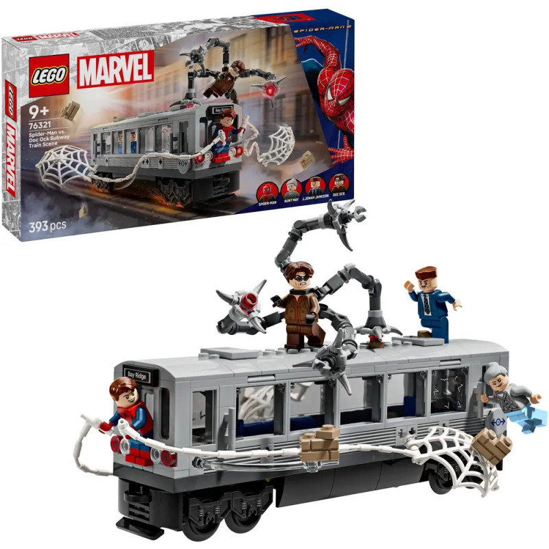 LEGO Marvel Set mit U-Bahn-Waggon, Spider-Man-Figuren und Spinnennetzen, Verpackung im Hintergrund sichtbar.