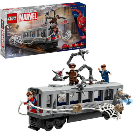 LEGO Marvel Set mit U-Bahn-Waggon, Spider-Man-Figuren und Spinnennetzen, Verpackung im Hintergrund sichtbar.