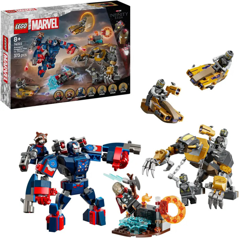 LEGO Marvel Set mit Mechs, Minifiguren und Fahrzeugen aus der Infinity Saga, Verpackung im Hintergrund sichtbar.
