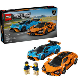 LEGO Speed Champions Set 76923 mit blauen und orangefarbenen Lamborghini-Autos und zwei Minifiguren.