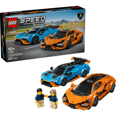 LEGO Speed Champions Set 76923 mit blauen und orangefarbenen Lamborghini-Autos und zwei Minifiguren.