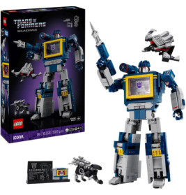 LEGO Transformers Soundwave Set mit Box, Soundwave Figur, Minifiguren und Display-Plakette abgebildet.