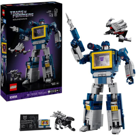 LEGO Transformers Soundwave Set mit Box, Soundwave Figur, Minifiguren und Display-Plakette abgebildet.
