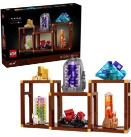 LEGO Mineralien-Set mit bunten Kristallmodellen auf Regalen, dazu die Verpackung im Hintergrund.