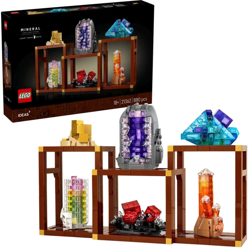 LEGO Mineralien-Set mit bunten Kristallmodellen auf Regalen, dazu die Verpackung im Hintergrund.