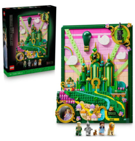 LEGO Wicked Set mit der Smaragdstadt, Minifiguren, Heißluftballon und buntem Hintergrund.