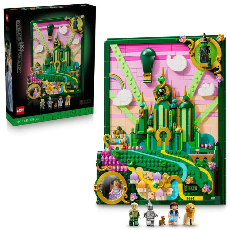 LEGO Wicked Set mit der Smaragdstadt, Minifiguren, Heißluftballon und buntem Hintergrund.
