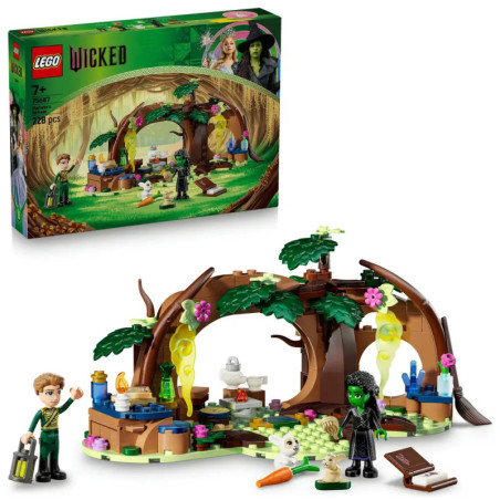 LEGO Wicked Set mit zwei Minifiguren und magischer Waldszene, abgebildet vor der Verpackung.
