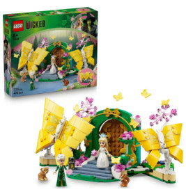 LEGO Wicked Set mit gelben Schmetterlingsflügeln, zwei Minifiguren, Tieren, Blumen und Verpackung im Hintergrund.