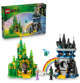LEGO Wicked-Set mit grünen und schwarzen Burgen, Regenbogen, zwei Minifiguren, blauem Drachen und Box im Hintergrund.