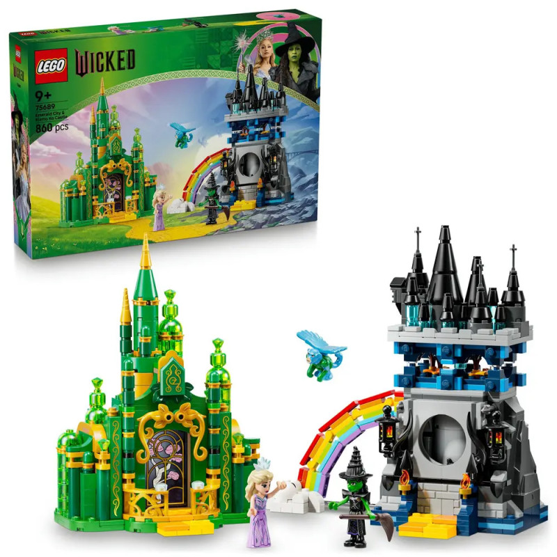 LEGO Wicked-Set mit grünen und schwarzen Burgen, Regenbogen, zwei Minifiguren, blauem Drachen und Box im Hintergrund.