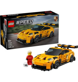 LEGO Speed Champions gelber Porsche mit Box, Auto, Minifigur und weißem Helm aufgestellt.