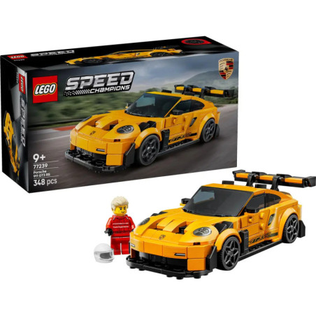 LEGO Speed Champions gelber Porsche mit Box, Auto, Minifigur und weißem Helm aufgestellt.