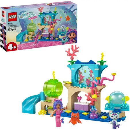 LEGO Gabbys Dollhouse Set mit Unterwasser-Motiven, Minifiguren und blauer Rutsche, geeignet ab 4 Jahren.