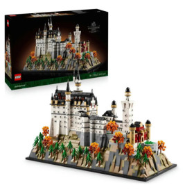 LEGO-Modell einer Burg auf einem Hügel mit Bäumen und Herbstlaub, im Hintergrund die Verpackung.