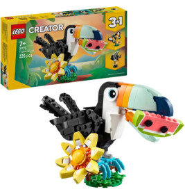 LEGO Creator 3-in-1 Set mit buntem Tukan, Blume und Verpackung.