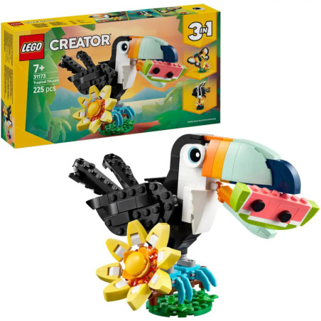LEGO Creator 3-in-1 Set mit buntem Tukan, Blume und Verpackung. LEGO Creator 3-in-1 Set mit buntem Tukan, Blume und Verpackung.