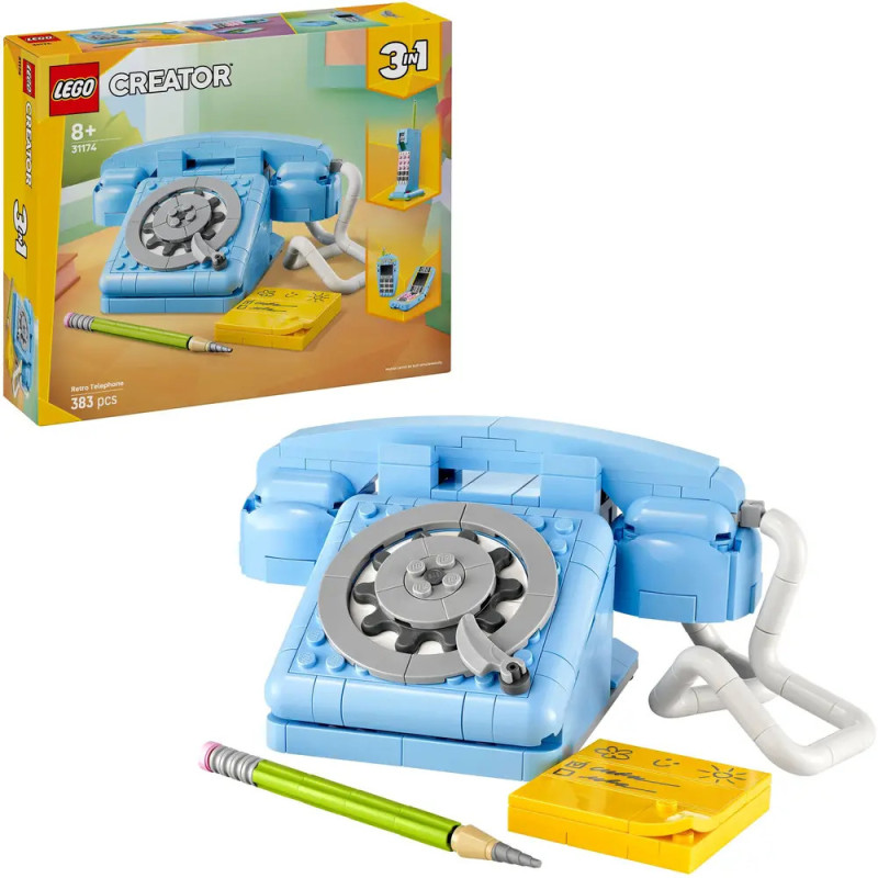 LEGO Creator 3-in-1: Blaues Wählscheibentelefon mit Bleistift und gelbem Notizblock, Verpackung im Hintergrund.