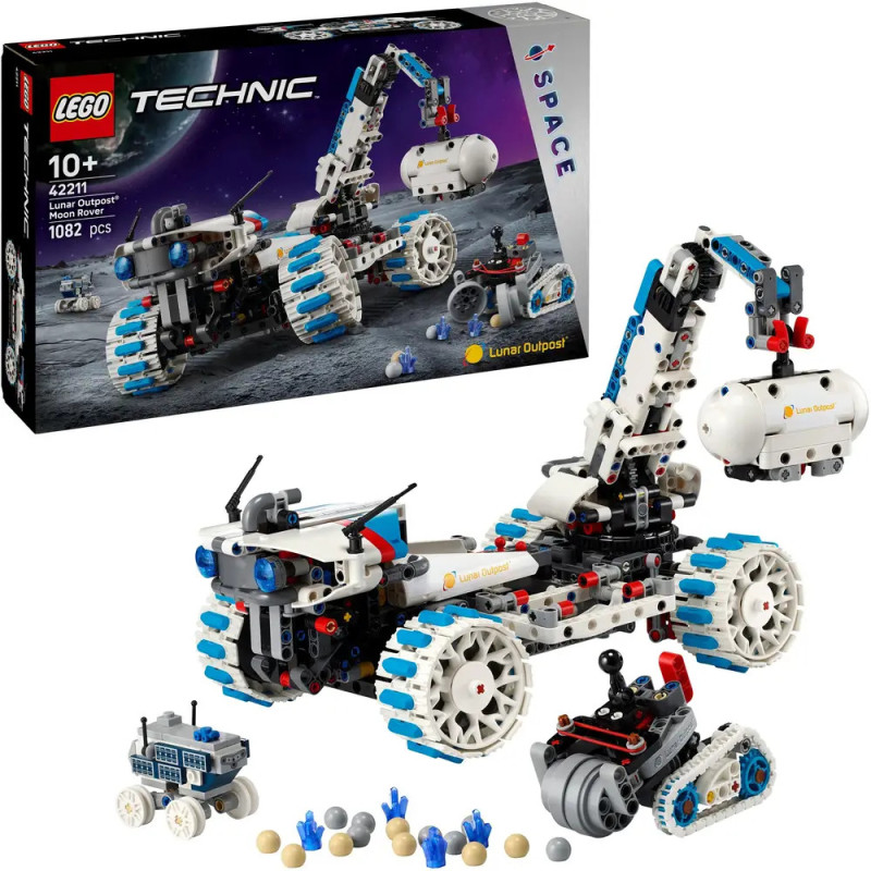 LEGO Technic Lunar Roving Vehicle mit Roboter-Rover, kleinen Fahrzeugen und Verpackung im Hintergrund. LEGO Technic Lunar Roving Vehicle mit Roboter-Rover, kleinen Fahrzeugen und Verpackung im Hintergrund.