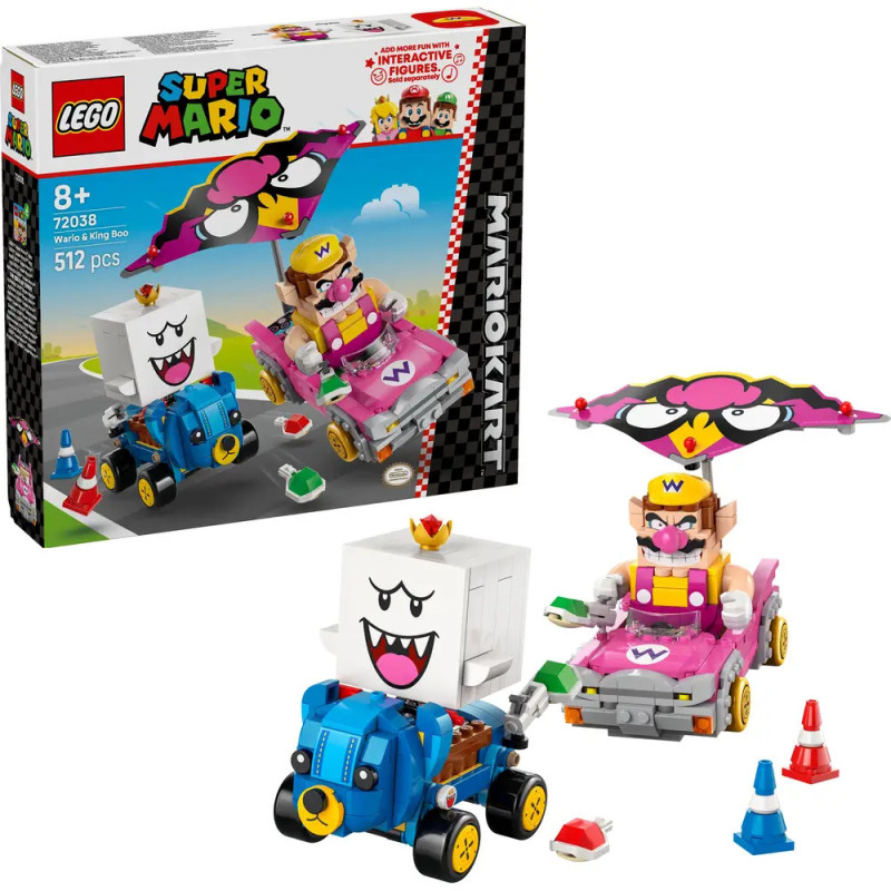 LEGO Mario Kart Set mit Wario, King Boo, Karts, Box, Hütchen und 512 Teilen.