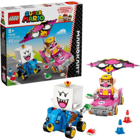 LEGO Mario Kart Set mit Wario, King Boo, Karts, Box, Hütchen und 512 Teilen.