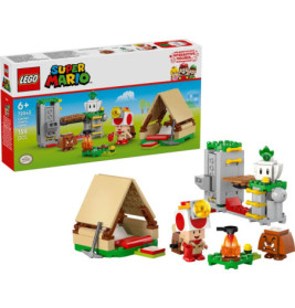LEGO Super Mario Set mit Zeltplatz, Zelt, Lagerfeuer, Toad-Figur und interaktiven Abenteuerelementen.
