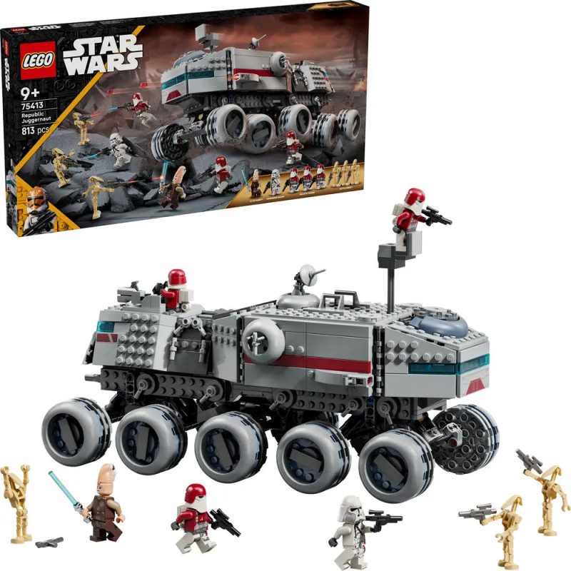 LEGO Star Wars Set mit Republik-Panzer, Klonkriegern, Droiden, Waffen und Verpackung im Hintergrund. LEGO Star Wars Set mit Republik-Panzer, Klonkriegern, Droiden, Waffen und Verpackung im Hintergrund.