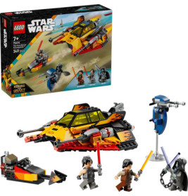 LEGO Star Wars Set mit gelbem Speeder, drei Minifiguren mit Lichtschwertern und Speederbike. Verpackung abgebildet.