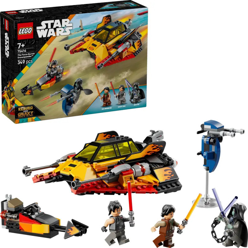 LEGO Star Wars Set mit gelbem Speeder, drei Minifiguren mit Lichtschwertern und Speederbike. Verpackung abgebildet. LEGO Star Wars Set mit gelbem Speeder, drei Minifiguren mit Lichtschwertern und Speederbike. Verpackung abgebildet.
