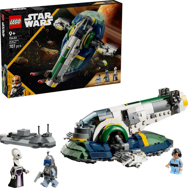 LEGO Star Wars Sklave I Set: Raumschiff, drei Minifiguren, Zubehör und Verpackung im Hintergrund. LEGO Star Wars Sklave I Set: Raumschiff, drei Minifiguren, Zubehör und Verpackung im Hintergrund.