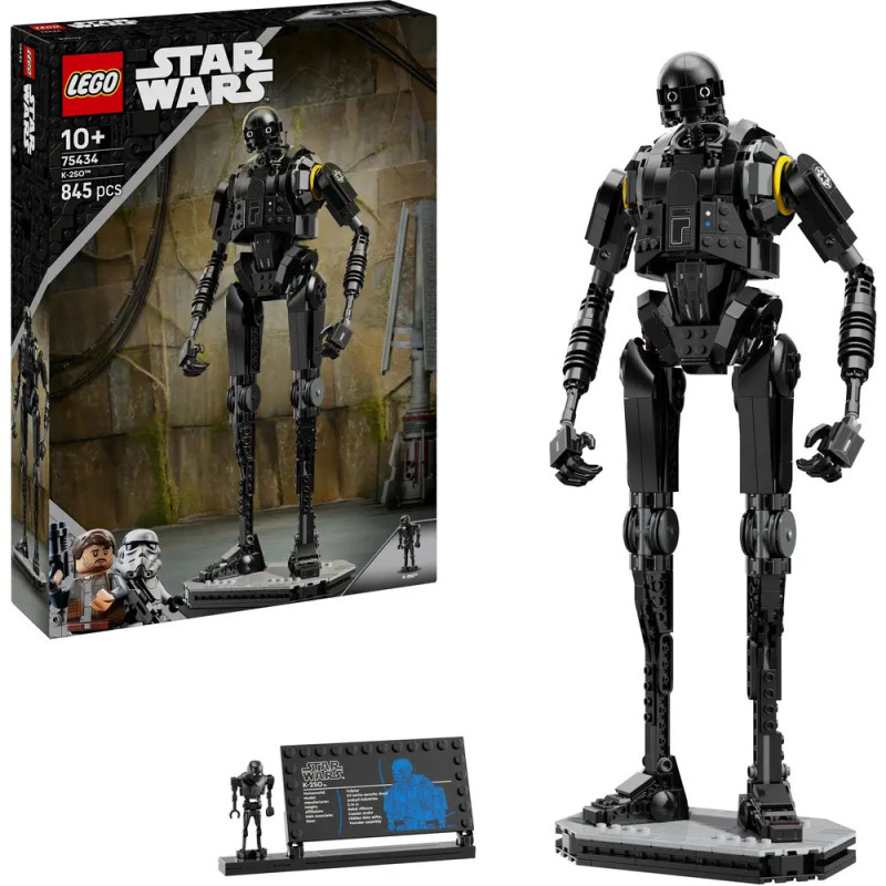 Das LEGO Star Wars K-2SO Droiden-Set zeigt Karton, gebautes Modell und Infoplakette zusammen. Das LEGO Star Wars K-2SO Droiden-Set zeigt Karton, gebautes Modell und Infoplakette zusammen.