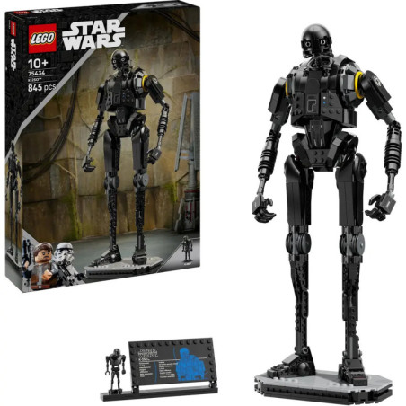 Das LEGO Star Wars K-2SO Droiden-Set zeigt Karton, gebautes Modell und Infoplakette zusammen.