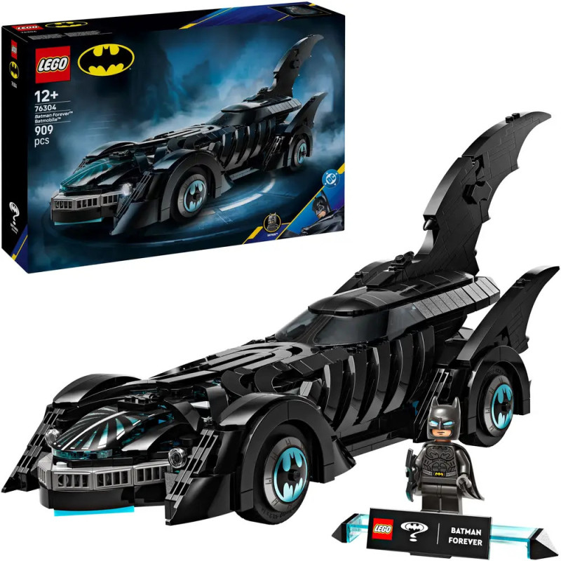 LEGO Batman Batmobil-Set mit Modell, Batman-Minifigur und Produktbox im Hintergrund.