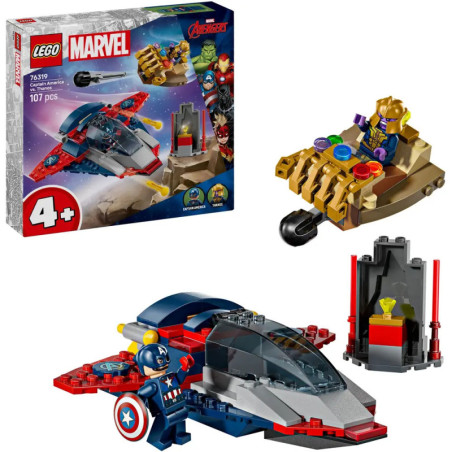 LEGO Marvel Avengers Set mit Captain America, Thanos, Jet, Infinity-Handschuh und Verpackung.